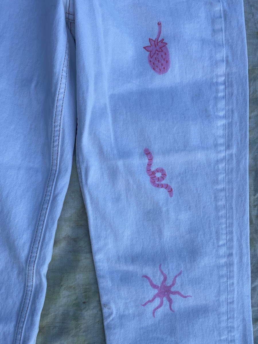 Illustrated Jeans No 2 - White with Pink - W26 L30 | Isabel Illustrated Jeans No 2 - White with Pink - W26 L30 | Isabel